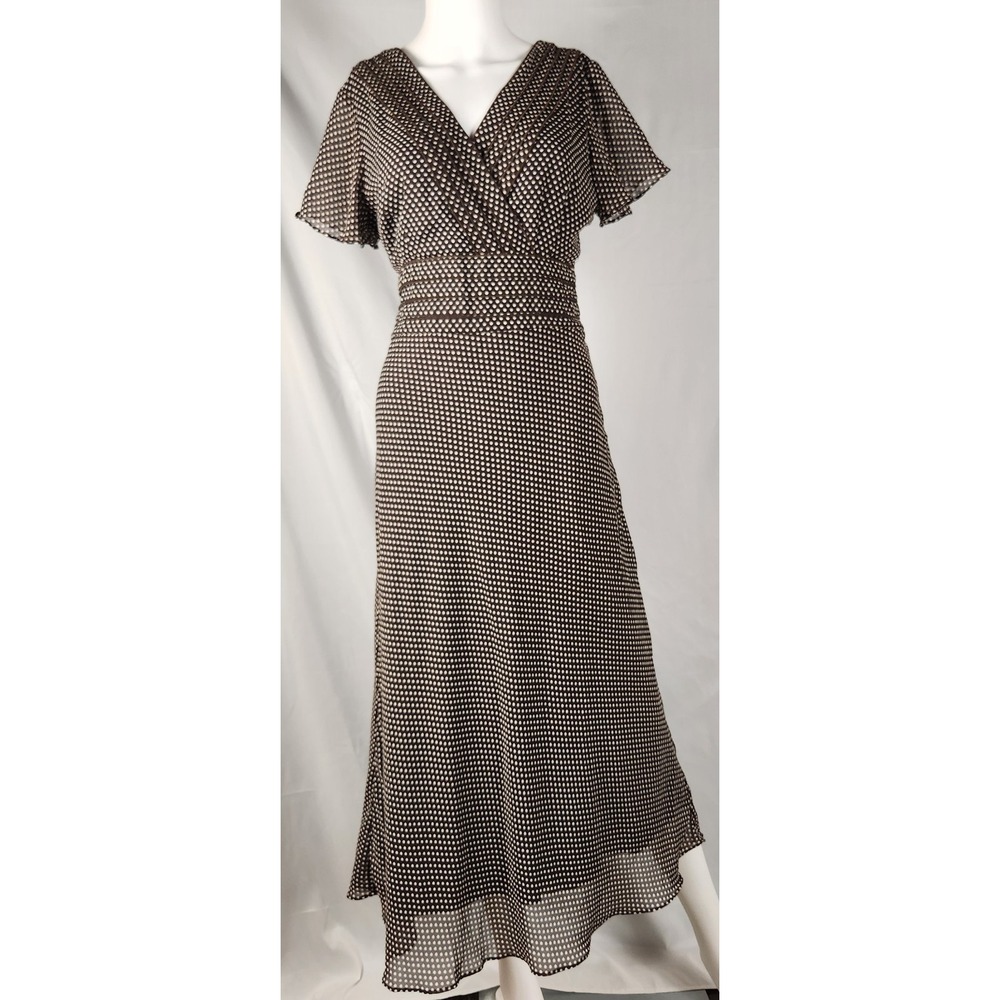 Vintage 90s Karin Stevens Brown Polka Dot Flutter Sleeve Midi Dress 10